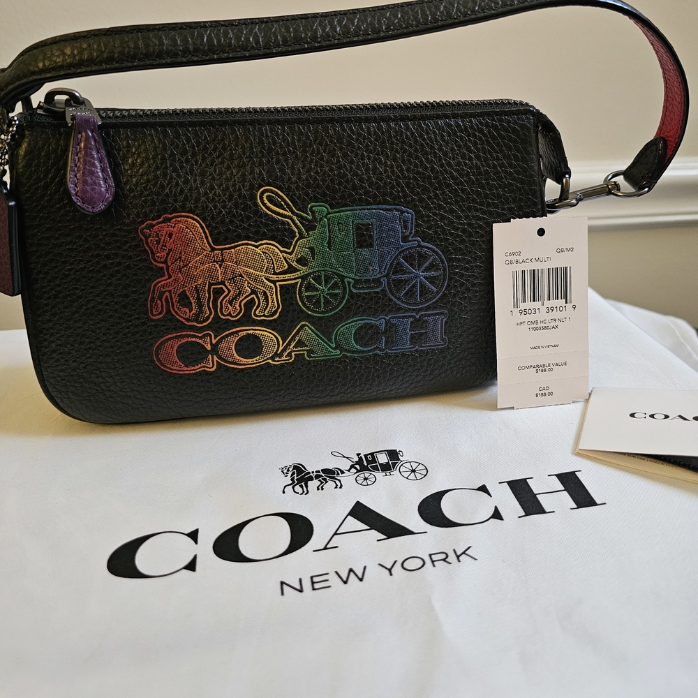 Coach Black Leather Wristlet with Multicolor Logo